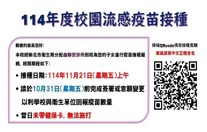 本校訂於11月21日(五)辦理校園「流感疫苗」集中施打,請家長於10月31日(五)前上網填寫施打意願圖片