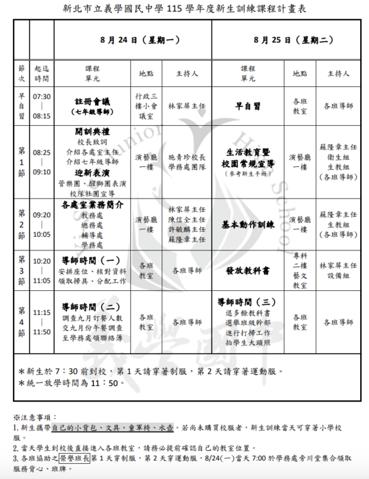 115學年度新生訓練課程計畫表