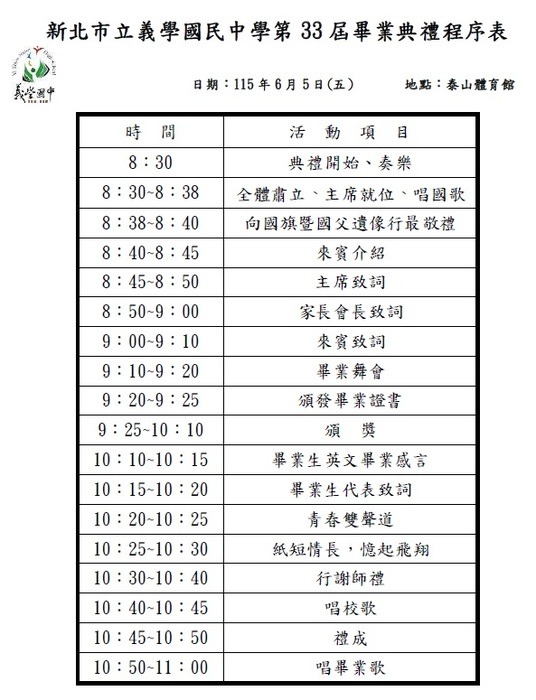 義學國中第33屆畢業典禮流程表