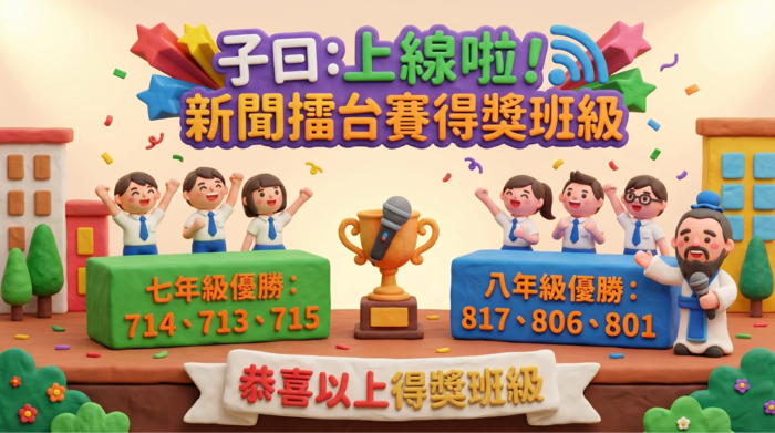 【榮譽榜】子曰：上線啦！新聞擂台賽結果出爐七年級優勝： 714、713、715   八年級優勝： 817、806、801