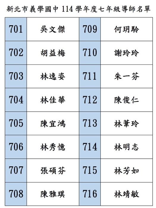 114學年度七年級導師名單圖片